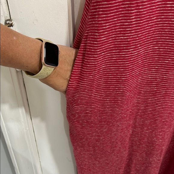 Celtic & Co. Linen Organic Cotton Blend V Neck Midi Dress in Red/Tan Stripe - Picture 7 of 10